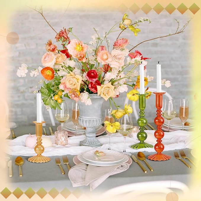 Mumufy 3 Pcs Fall Glass Candlestick Holders Thanksgiving Ball Shaped Glass Taper Candle Holder Amber Olive Honey Gold Fall Candle Stick Vase Decor for Holiday(5.9, 7.9, 10 inch,Vivid)