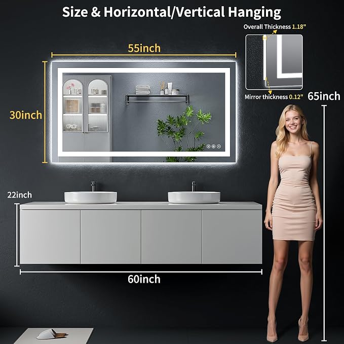 55"x30" LED Bathroom Mirror with Lights, Backlit + Front Lit with CRI>90, Lighted Mirror for Bathroom, Anti-Fog, Dimmable Brightness, 3 Colors, Memory Function, Shatterproof Tempered Glass