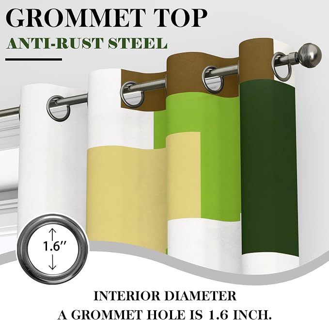 Tyrot Avocado Green 100% Blackout Curtains for Bedroom 63 inch Long 2 Panels Set White Modern Abstract Geometric Black Out Curtains Insulated Room Darkening Window Drapes for Living Room, 52Wx63L