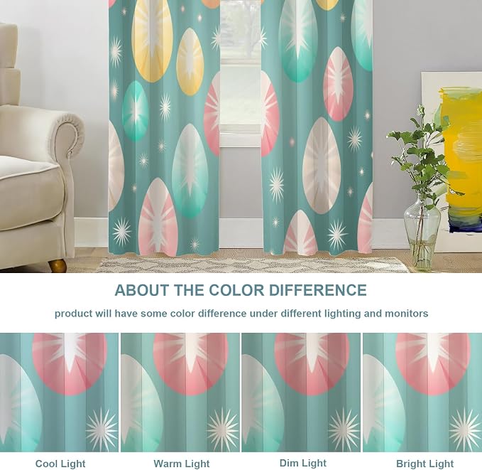 Shrahala Easter Eggs Stars Thermal Insulated Blackout Window Curtains, Colorful Easter Egg Pattern Long Drapes for Bedroom/Living Room with Plastic Grommet, 52X84 Set of 2