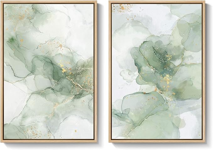 Framed Sage Green Abstract Wall Art for Living Room, Large Set of 2 Green Gold Canvas Artwork for Walls, Minimalist Modern Paintings Print Wall Decor for Bedroom Dining Room Office Hallway, 24x36 Inch