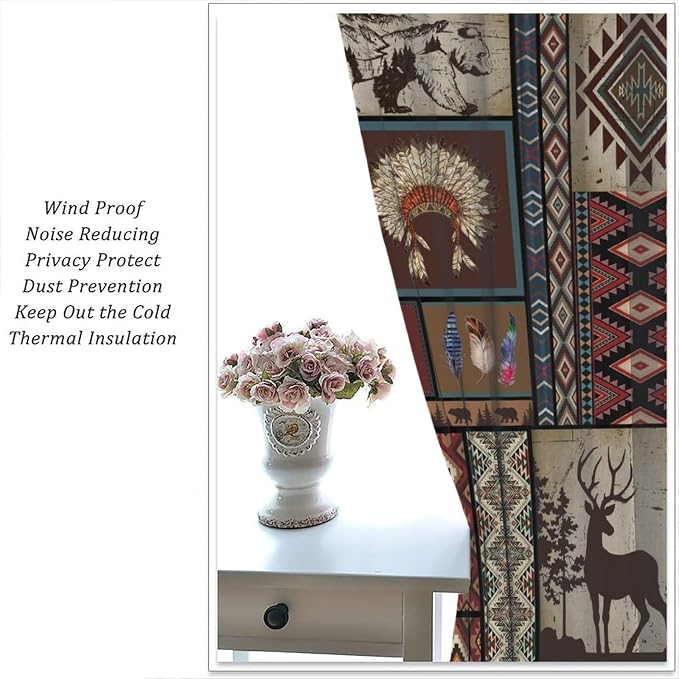 Rustic Cabin Blackout Curtains for Kitchen Country Retro Aztec Southwest Native American Farmhouse Woodland Wildlife Camping Window Treatments for Farmhouse Bedroom Living Room 72x63in