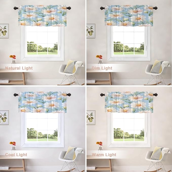 Shrahala Daisies Leaves Blackout Short Curtains for Windows, White Daisies On Blue Kitchen Valance Thermal Insulated Rod Pocket Window Treatment for Bathroom 2 Pack 52 X 18 in