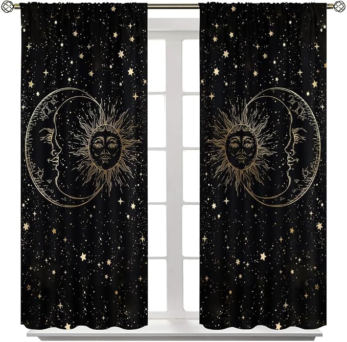 Sun Moon Blackout Windows Curtains, Golden Sun Moon and Stars Black Sky on Bohemian Style Curtains, for Living Room Bedroom 72x63in 2 Panels