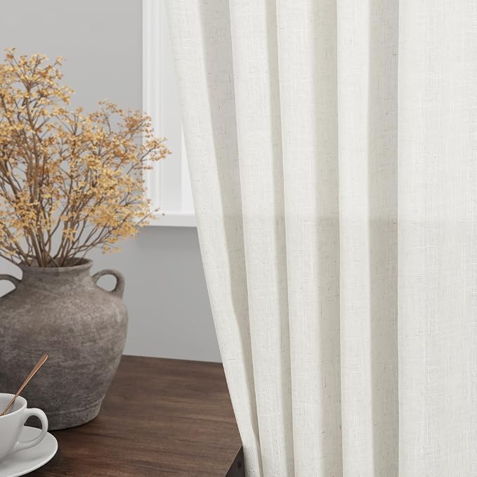 Extra Long Beige White Linen Curtains 126 Inch for Living Room 2 Panels Set Rod Pocket Back Tab Light Filtering Semi Sheer Soft Linen Window Curtain Privacy High Ceiling Drapes for Farmhouse 52x126