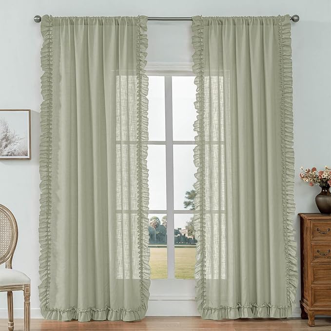 Light Sage Green Cottage Curtains 63 Inch Length 2 Panels, W47 x L63 Inch, Linen Textured Scalloped Boho Farmhouse Curtains for Bedroom, Rod Pocket Privacy Semi-Sheer Ruffled Flowy Curtain Drapes