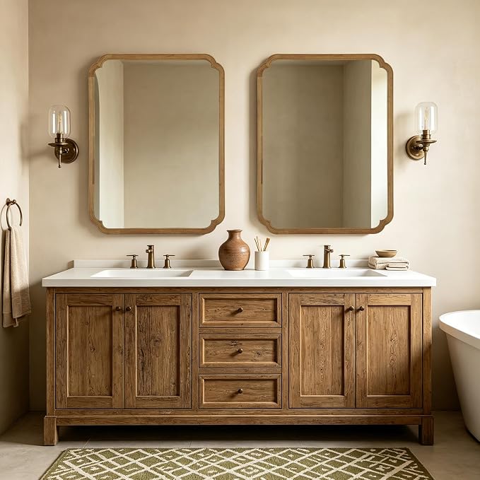 WallBeyond 36" x 48" Wood Bathroom Mirror for Wall Mounted, Rustic Rounded Corner Wood Frame Wall Mirror for Entryway, Living Room or Bedroom Home Decorative, Natural