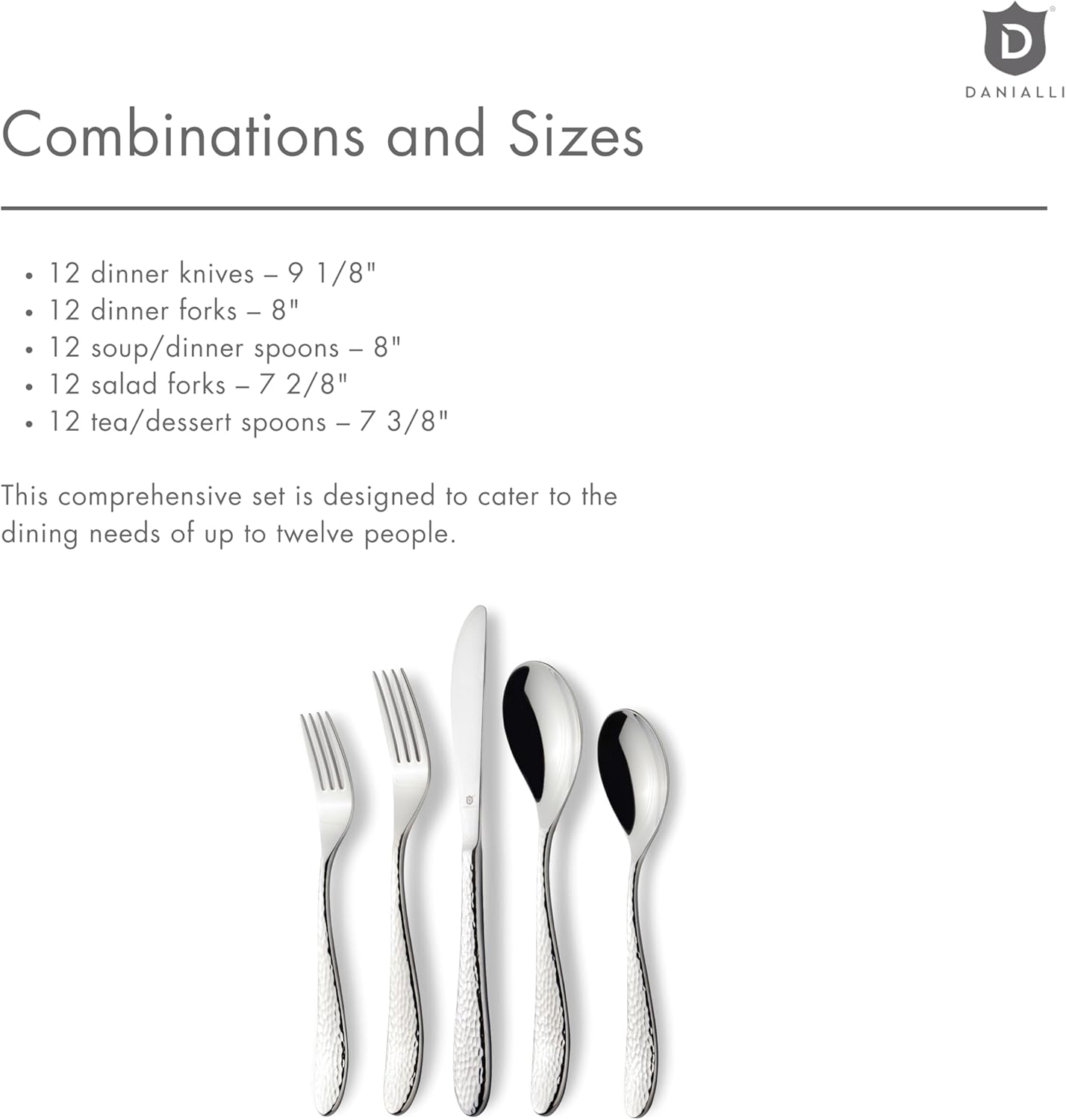 Hammered Silverware Set | Premium 18/10 Stainless Steel Flatware Service for 12 | Heavy-Duty & Dishwasher Safe | Built to Last (60-Piece, Marettimo Hammered)