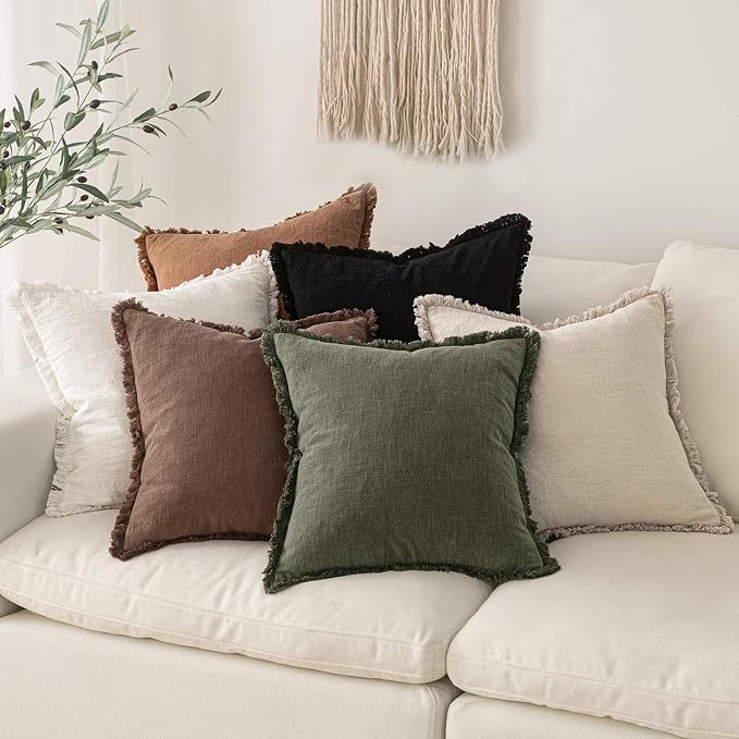 MIULEE Decorative Throw Pillow Covers Neutral Linen Fringe Throw Pillows Euro Shams Set of 2 Dark Coffee Boho Farmhouse Cushion Covers for Couch Sofa Bed Living Room Fall Home Decor 26x26 Inch