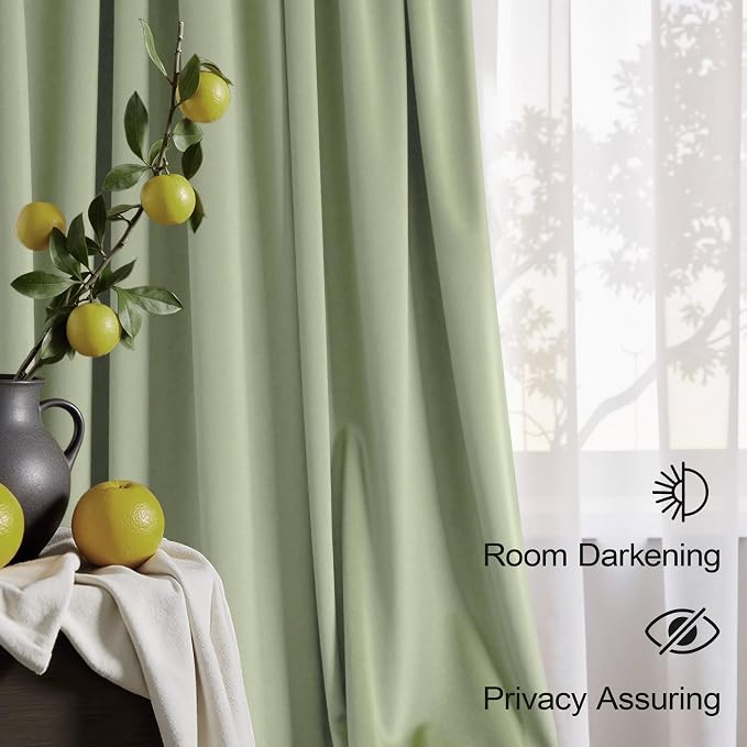Sage Green Velvet Curtains 96 Inches Long 2 Panels for Living Room Darkening Soft Elegant Insulating Thermal Curtain for Summer Heat Blocking Light Sage Drapes for Sliding Glass Door Bedroom 96 Length