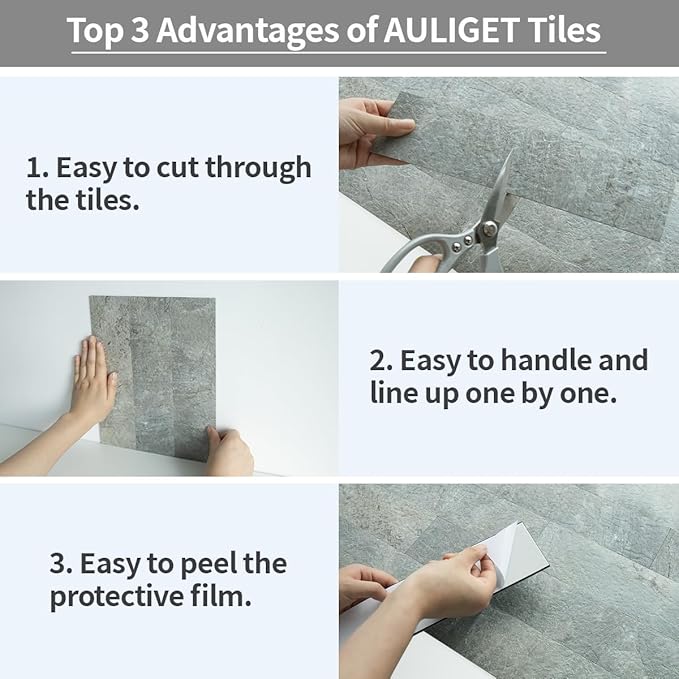 AULIGET 40-Piece Mountain Rock Peel and Stick Backsplash Wall Tiles, 3" x 12" PVC Faux Stone Stick on Tiles for Backsplash Kitchen, Bathroom, Laundry Room, Camper, Fireplace