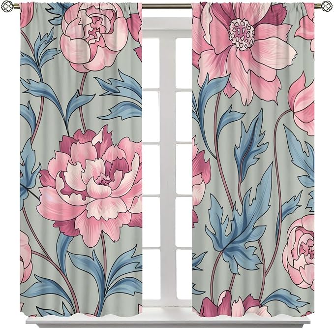 Floral Blackout Window Curtain, Flourish Ornamental Blossom Rose Style Print for Home Kitchen Restaurant Decoration Drapes 2 Panels 42x54 Inch