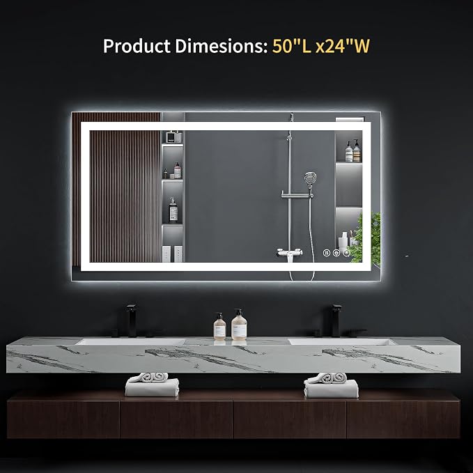 50"x24" LED Bathroom Mirror with Lights for Vanity, Anti-Fog & Dimmable 3-Color, Stepless Brightness Adjustable Wall Mounted Mirror for Bathroom Makeup Shaving