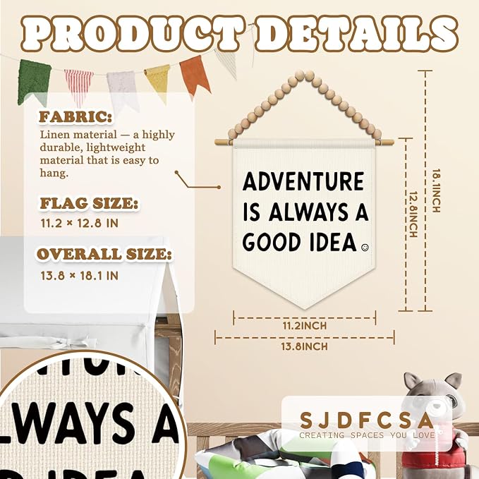 SJDFCSA Adventure Nursery Wall Art Decor, Kids Room Decor, Adventure Is Always a Good Idea Boho Wall Hanging Display Pennant Flag for Kids Boys Nursery Toddler Room Bedroom Playroom Classroom
