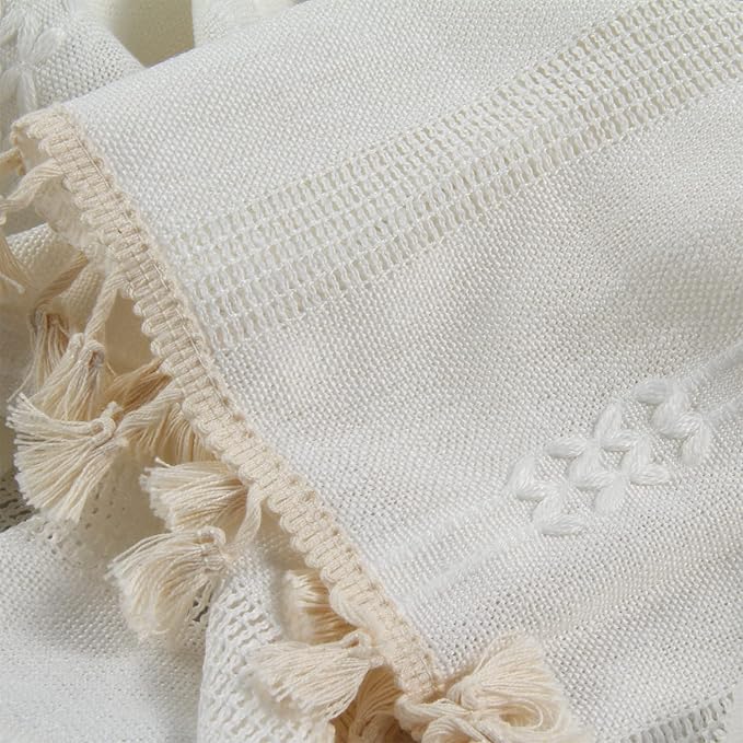 Boho Linen Curtains - 96 Inch Long, 2 Panel Off White Country Farmhouse Curtains for Bedroom & Living Room - Light Filtering Rod Pocket Drapes (52" W x 96" L, White)