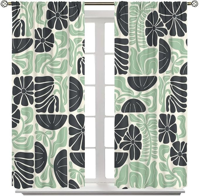JESTRONRY Mid Century Boho Curtains, Modern Abstract Abstract Geometric Green Floral Pattern Print Blackout Window Door Curtains for Bedroom Living Room Home Decor 42x63in