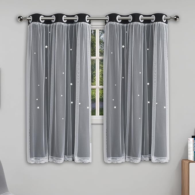 Black Curtains for Bedroom Cute Blackout Drapes 60 Inches Long Star Cutout | Double Layer Nursery Curtain White Lace Sheer Overlay 2 Panel Kids Girls Room Darkening Short Window Treatments Cortina Decor