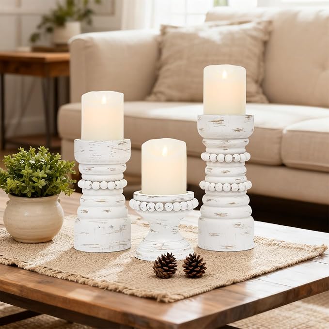 Rustic White Wood Candle Holders Set of 3, Farmhouse Beaded Wood Pillar Candle Holder, Candle Holders for Pillar Candles & Candlesticks, Candle Sticks Holder Decor for Table Centerpiece
