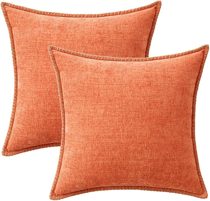 MIULEE Pack of 2 Summer Throw Pillow Covers 18x18 Inch Coral Red Farmhouse Decorative Pillow Covers with Stitched Edge Soft Chenille Solid Dyed Pillow Covers for Couch Sofa Bed Living Room