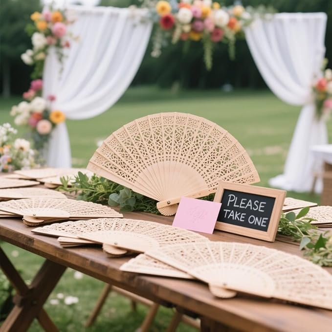 Wobe 60Pcs Sandalwood Fans Wedding Favors Hand Held Folding Fans Openwork | 8 Inch Wooden Personal Handheld Folding Fans for Wedding Party, Home Decorations, Baby Shower, Birthday