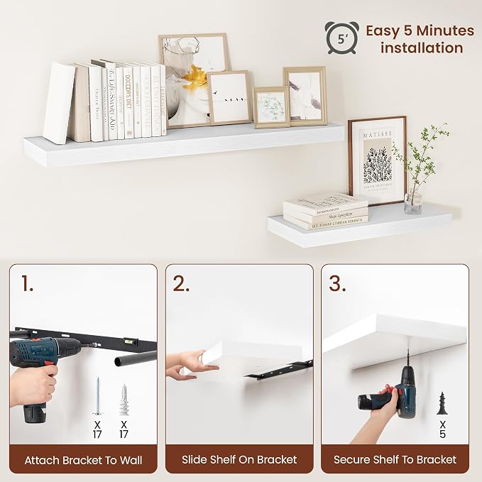 Vivelove 24/36/48/16 Inch Floating Shelves for Wall, 12 Deep Shelves for Room Wall Mounted, 2" Thick Floating Shelf for Living Room Bedroom Bathroom Kitchen Laundry Room, Set of 2 White