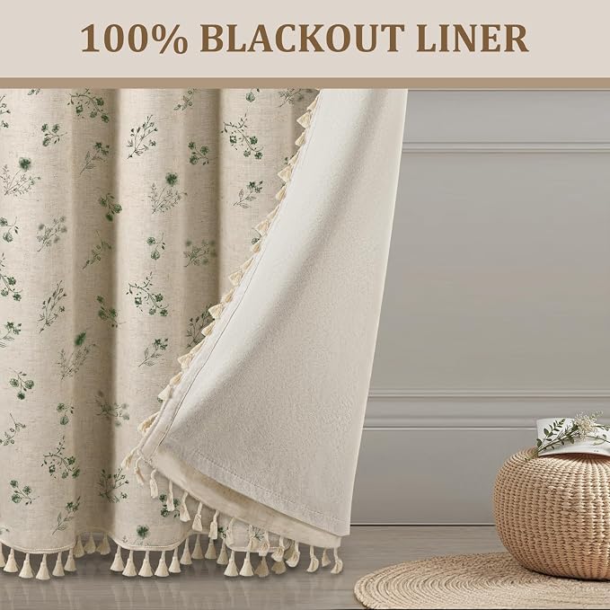 Boho Floral Spring 100% Blackout Curtains 84 Inch Length 2 Panels Set, Linen Texture Farmhouse Curtains with Beige Tassel for Living Room Bedroom, Vintage Rustic Rod Pocket,Dark Green