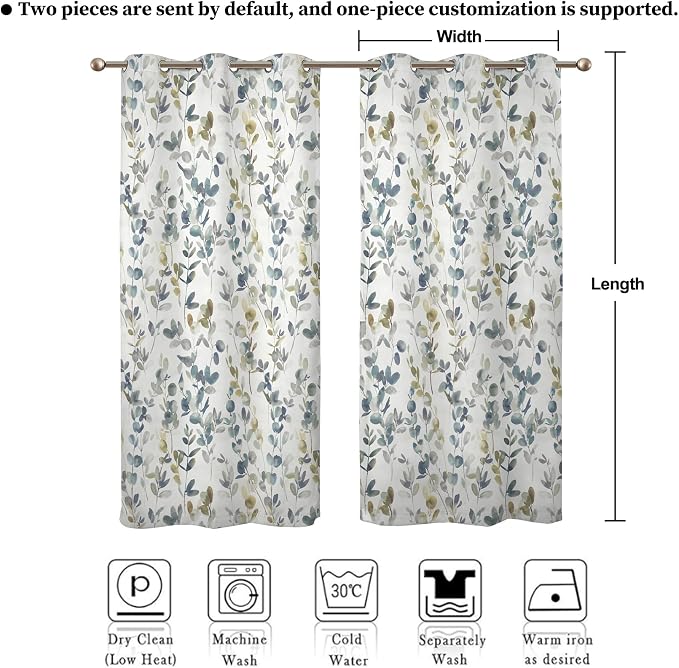 Renaiss Botanical Herbs Blackout Curtains, Vintage Eucalyptus Leaf Thermal Insulated Bedroom Window Curtains, Classical Gray Plants Window Drapes for Living Room, 96" L x 42" W 2 Panel Set