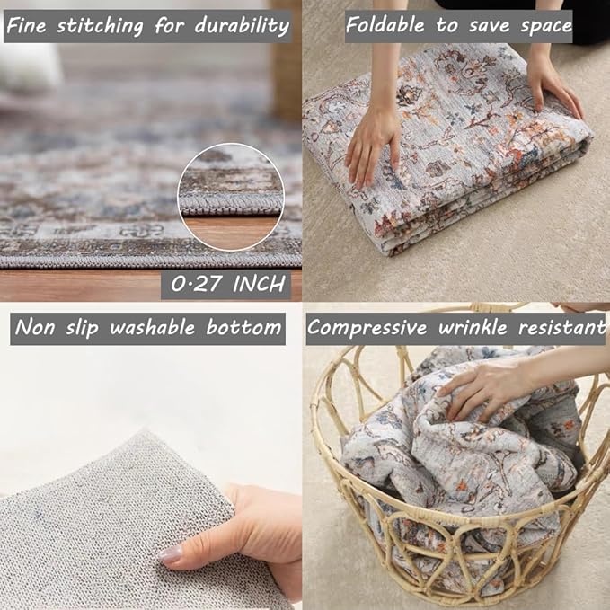 CHAMPLANT Area Rug 8x10 Washable Rug Taupe Vintage Traditional Mat Distressed Indoor Foldable Thin Retro Accent Rug Floral Print Non Slip Carpet Living Room Dining Room Office