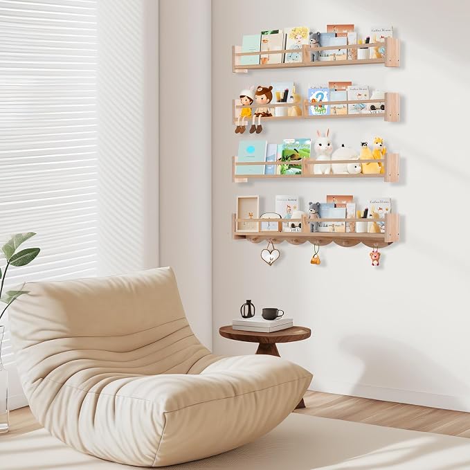 34Inch Nursery Book Shelves Wall Mounted, Floating Book Shelf for Kids Coat Rack with 6 Hooks, Wall Hanging Shelf for Baby Nursery Room Organizer ,Patent Number:US-D1058229-S(4, Burlywood)
