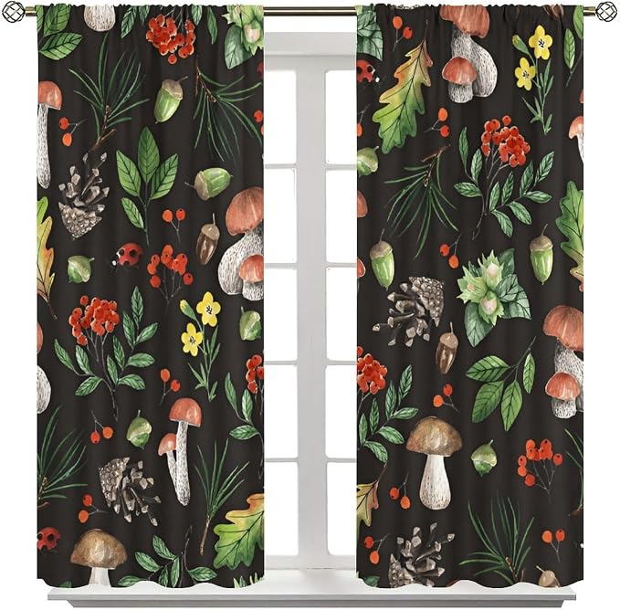 Farm Watercolor Mushroom Curtains, Rustic Forest Wild Mushroom Red Berris Plants Flowers Leaves Blackout Window Drapes for Kitchen Bedroom Livingroom, 55" W X 63" L