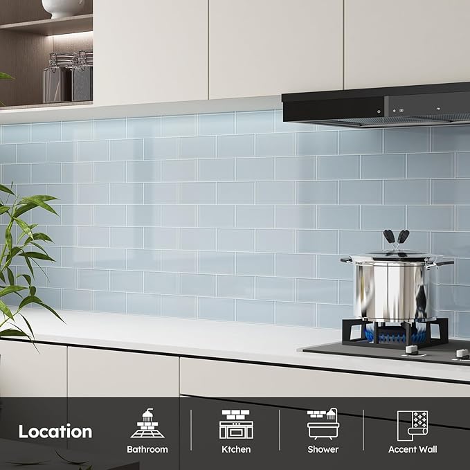 Diflart Light Blue Glass Subway Tile, 3x6 Inch, 4 Sq.Ft, Glass Backsplash Tile for Kitchen Shower Bathroom Wall, Pack-32 Pcs
