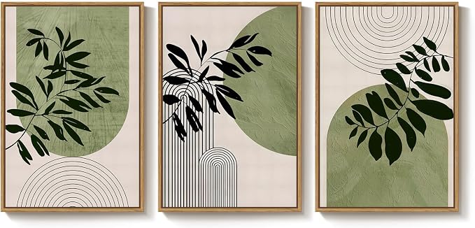 Framed Boho Botanical Wall Art for Living Room, 3 Piece Modern Green Bohemian Canvas Paintings Prints, Minimalist Geometric Boho Leaf Pictures for Bedroom Dining Room Office Wall Decor, 16x24 Inch