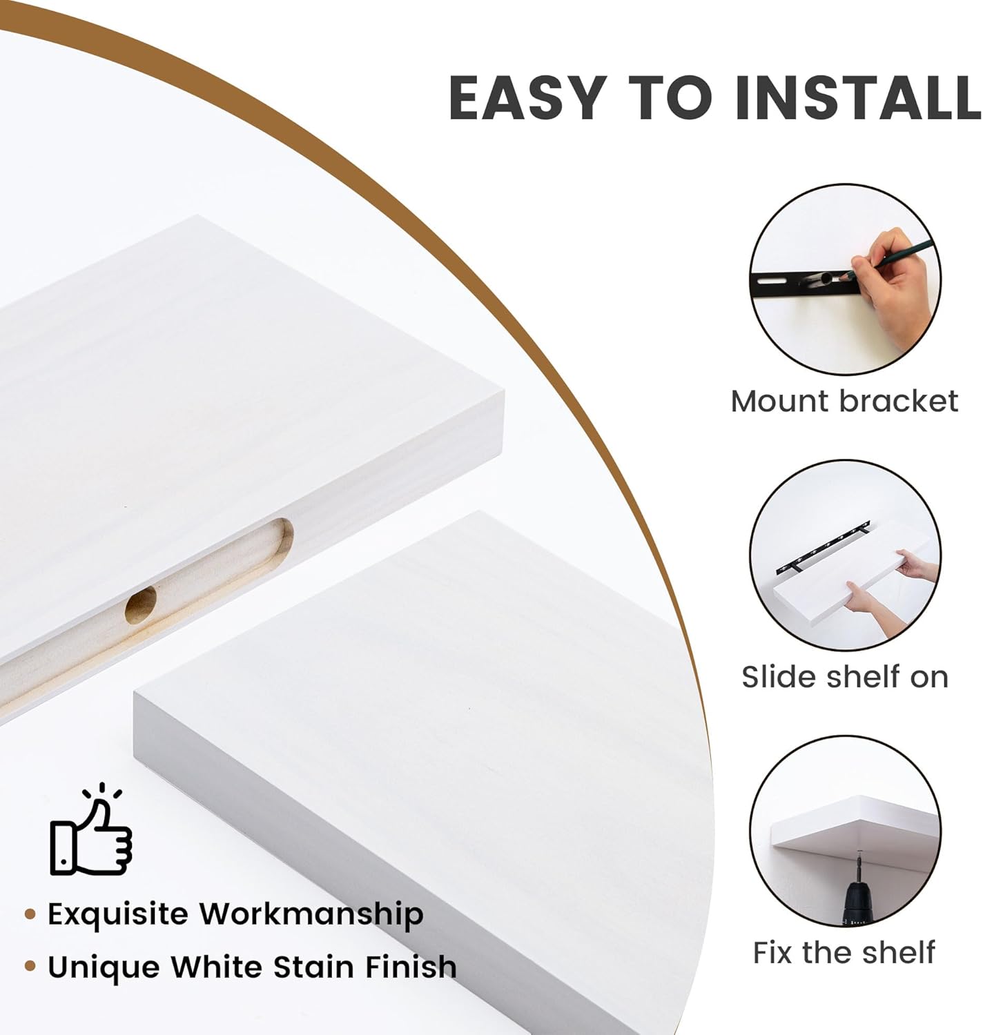 Floating Shelves 36 Inches Long - 8 Inch Deep Rustic Premium Solid Pine Wood for Storage - Farmhouse Wall Mounted for Living Room - Heavy-Duty Metal Bracket - 36" W x 8" D - Set of 2 - White Color