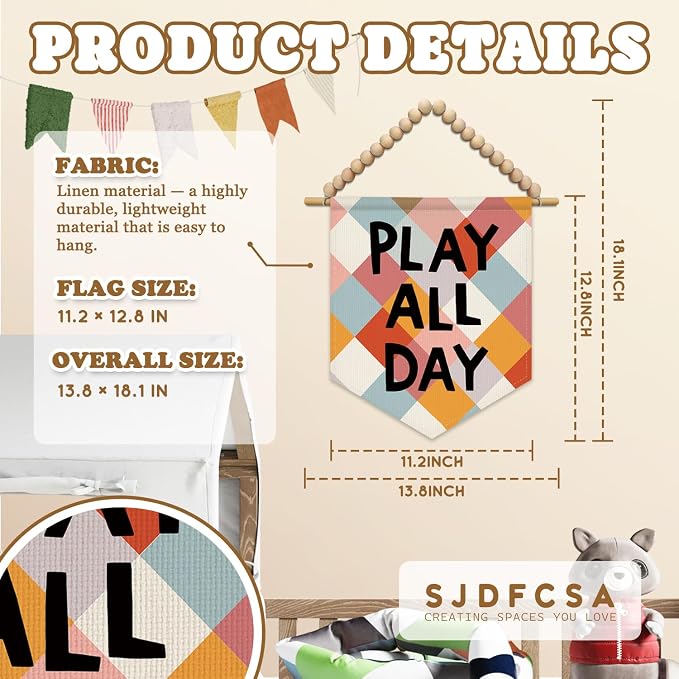 SJDFCSA Playroom Wall Art Decor, Kids Room Decor, Play All Day Colorful Checkered Boho Nursery Wall Hanging Display Pennant Flag for Kids Boys Girls Nursery Toddler Room Bedroom Playroom