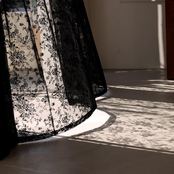 Black Lace Curtains for Living-Room 84 inch Length, Fine Rose and Leaf Embroidered Light Filtering French Country Curtains for Bedroom, Vintage Delicate Floral Sheer Window Drapes 52"w Rod Pocket