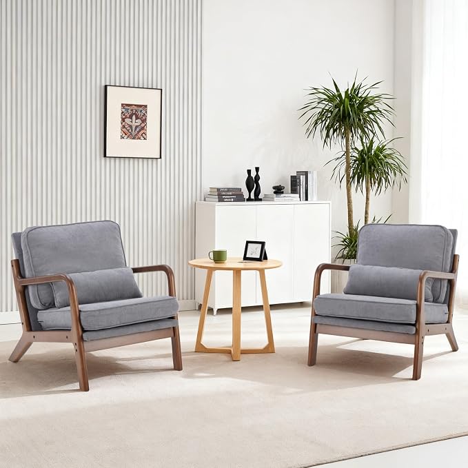 DUMOS Mid Century Modern Accent Chair, Armchair with Lumbar Pillow and Waist Cushion, Solid Wood Frame Lounge Chair for Living Room, Bedroom, Reading Nook, Small Apartment Corner, Classic Grey