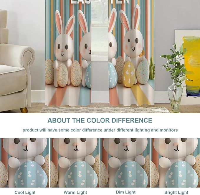 Shrahala Three Rabbits Colorful Eggs Thermal Insulated Blackout Window Curtains, Easter Celebration with Rabbits Eggs Long Drapes for Bedroom/Living Room with Plastic Grommet, 52X84 Set of 2