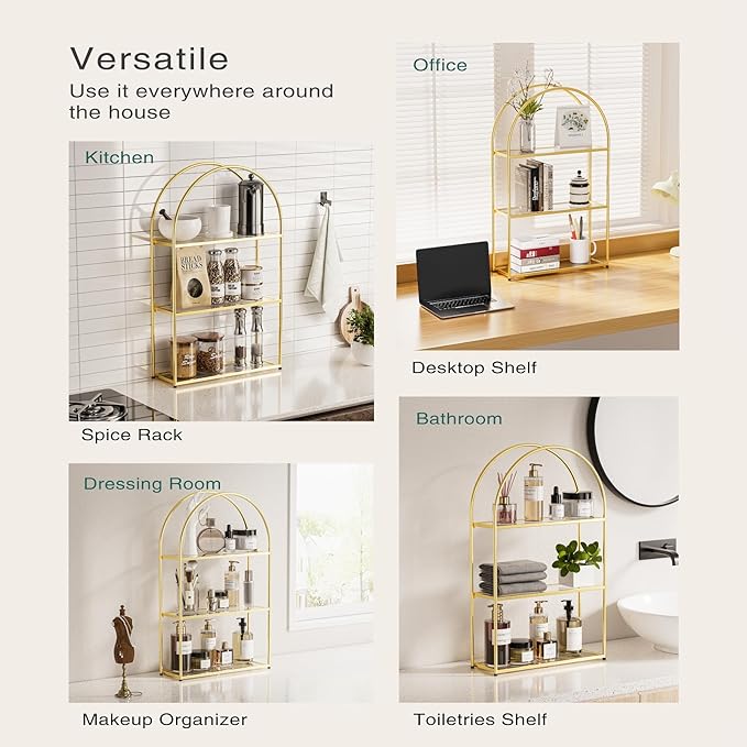 Crofy 3-Tier Arched Wall Shelf with Gold Frame & Transparent Shelves | Sturdy Tempered Clear Glass Shelves with Ample Storage Space; Decor for Living Room, Bath, Kitchen, Vanity & Home Office
