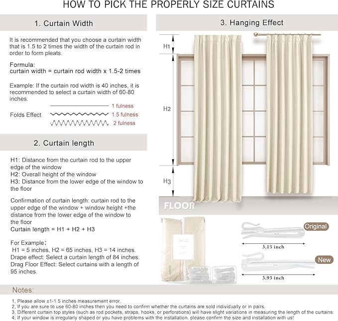 Cream Beige Pinch Pleated Full Blackout Linen Curtains for Bedroom, Black Out Curtains 95 Inches 1 Panel for Living Room Darkening Thermal Insulated Neutral Pleat Drapes with 12 Hooks, 70''Wx95''L