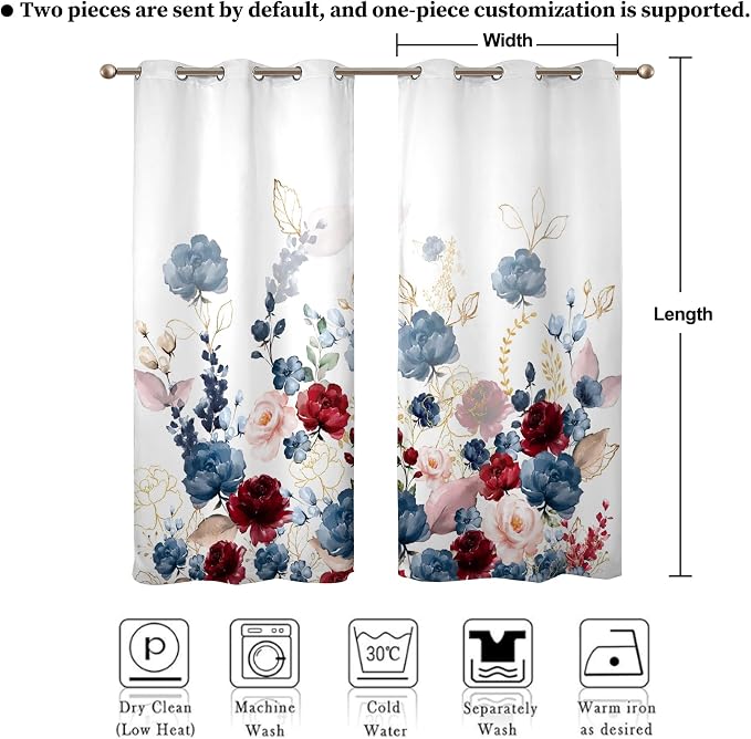 Renaiss Floral Blackout Curtains Watercolor Gray Blue and Red Peony Flower Bloossom Thermal Insulated Window Drapes for Bedroom 42W x 96L inches 2 Panel Set Window Curtains for Living Room