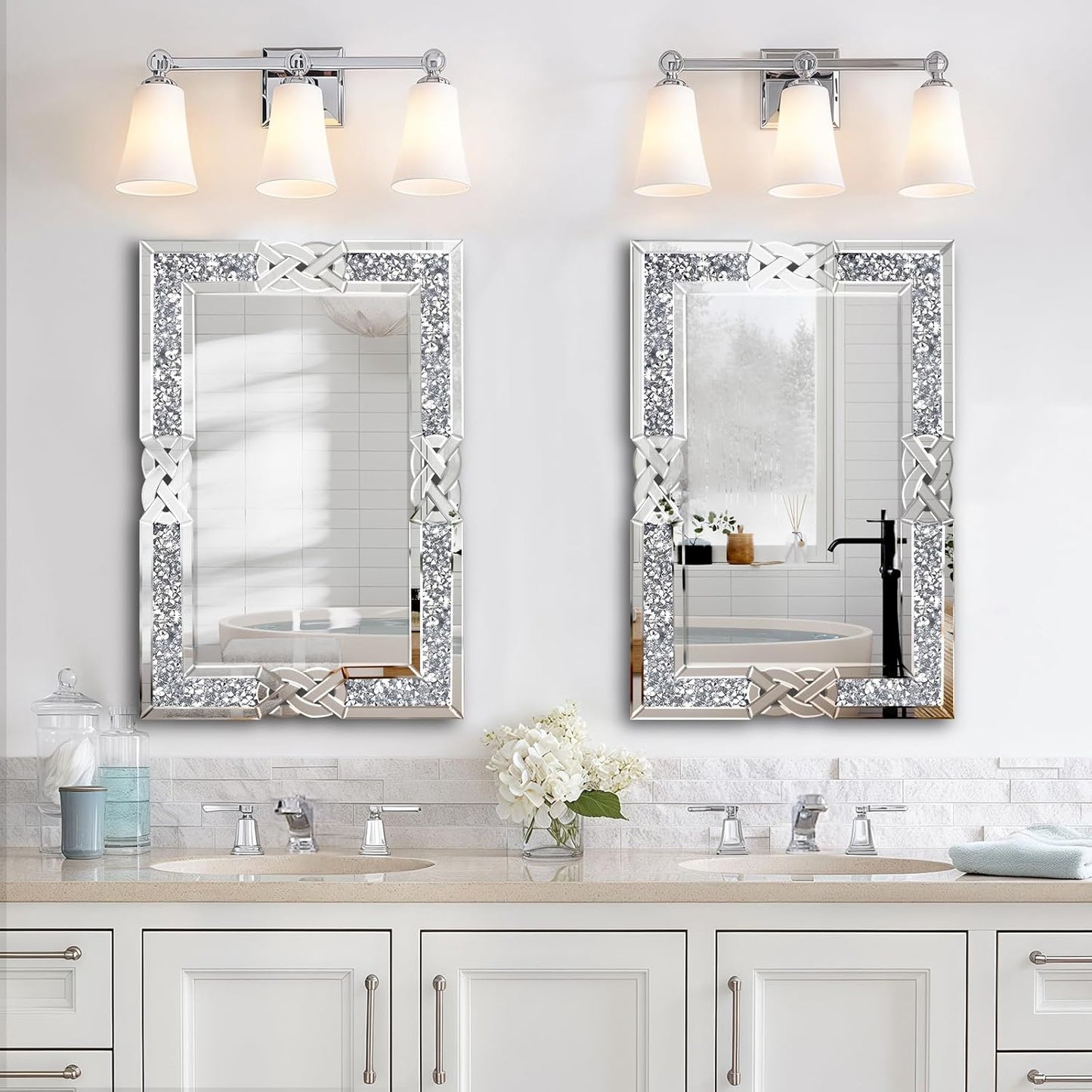 Crushed Diamond Decorative Wall Mirrors, 27.7x39.5 Inch Rectangle Living Room Mirrors for Wall Decor, Modern Glam Bathroom Dining Room Entryway Mirror Silver