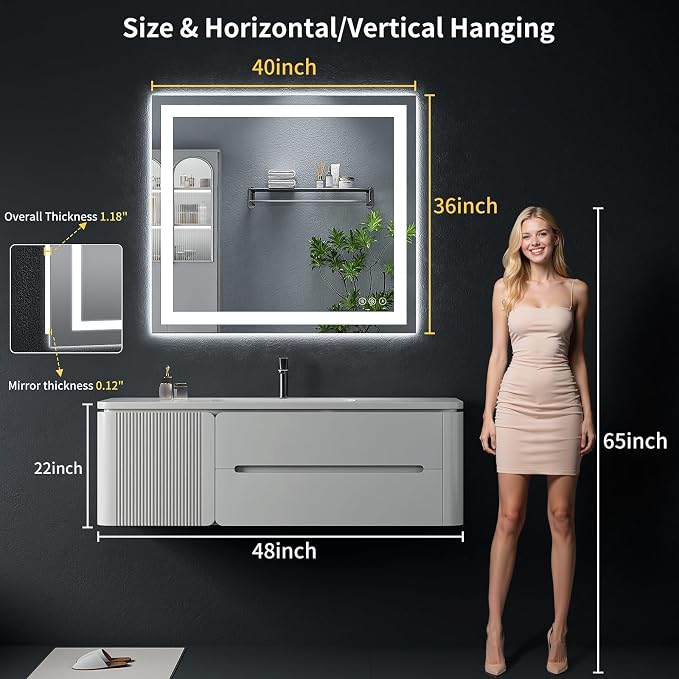 40"x36" LED Bathroom Mirror with Lights, Backlit + Front Lit with CRI>90, Lighted Mirror for Bathroom, Anti-Fog, Dimmable Brightness, 3 Colors, Memory Function, Shatterproof Tempered Glass