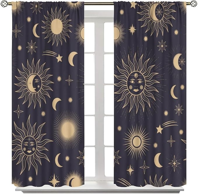 Sun Moon Blackout Curtains, Hand Drawn Sun Moon Stars Magic Space Galaxy Window Treatment Drapes for Bedroom Living Room 42" W X 54" L