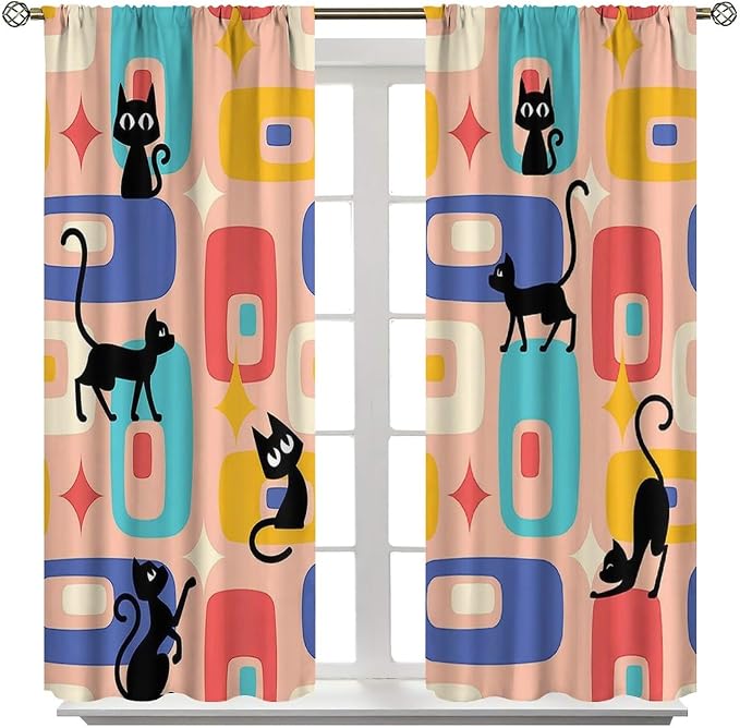 JESTRONRY Mid Century Style Curtains, Black Cat Modern Abstract Geometric 1950s 60s Vintage Colorful Blackout Rod Pocket Window Drapes for Living Room Bedroom Home Decor 84x84in