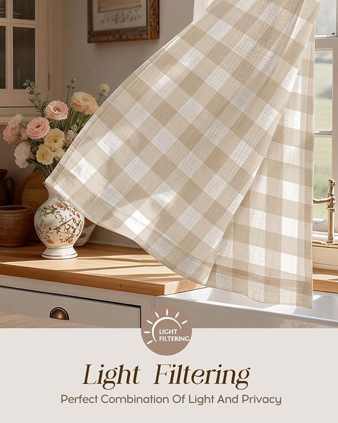 Miss Adola Farmhouse Kitchen Tier Curtains - 24 Inch Length Linen Blend Cafe Curtains Yellow Plaid Small Window Treatments Over Sink Rod Pocket for Bathroom Living Room Light Filtering, 2 Panels
