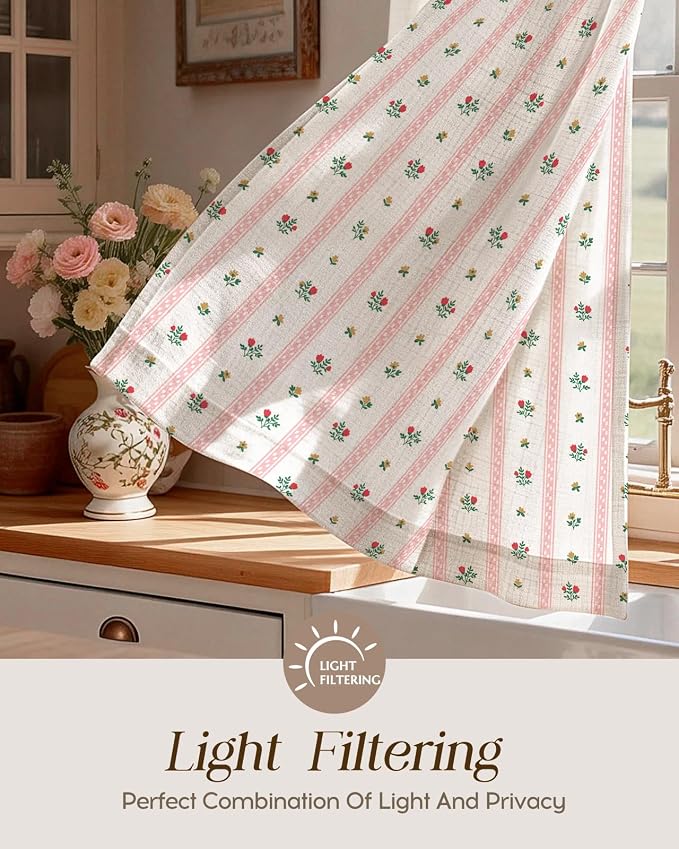 Miss Adola Farmhouse Kitchen Tier Curtains - 45 Inch Length Linen Blend Boho Floral Cafe Curtains Stripe Small Window Treatments Over Sink Rod Pocket for Bathroom Living Room Light Filtering, 2 Panels