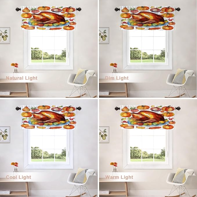 Shrahala Turkey Pumpkin Thanksgiving Blackout Short Curtains for Windows, Watercolor Fruits Delicious Food Pears Kitchen Valance Thermal Insulated Rod Pocket Window Treatment for Bathroom 52 X 18 in