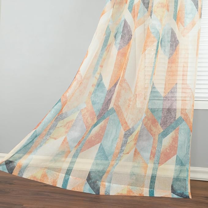 Leeva Orange Sheer Curtains 63 Inches Long, Light Filtering Rod Pocket Colorful Geometric Voile Sheer Set, Modern Elegant Curtains & Drapes for Bedroom Balcony, 2 Panels, 52 x 63