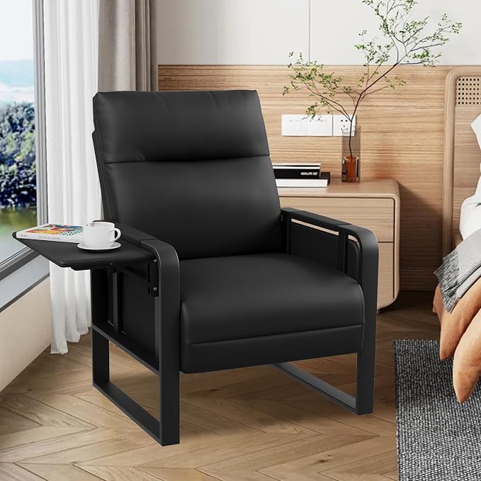 Black PU Leather Accent Chairs Set of 2 with Foldable Side Table | Modern Upholstered Armchair Leisure Side Chairs for Living Room Bedroom Comfy Reading Chair Office Club Chair with Metal Legs
