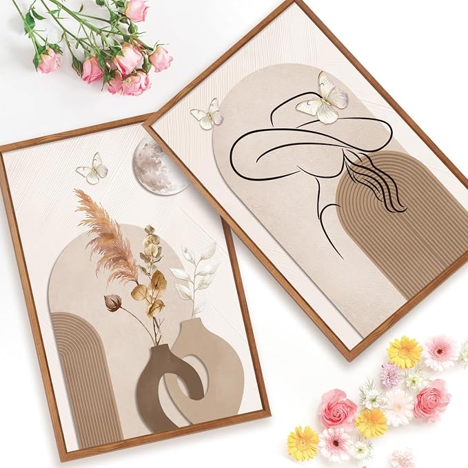 CHDITB Wabi Sabi Dried Floral Framed Canvas Wall Art Set, Neutral Boho Line Woman Wall Decor, Minimalist Abstract Geometric Artwork, Vintage Beige Prints for Living Room, Bedroom, Office 16"x24"x3